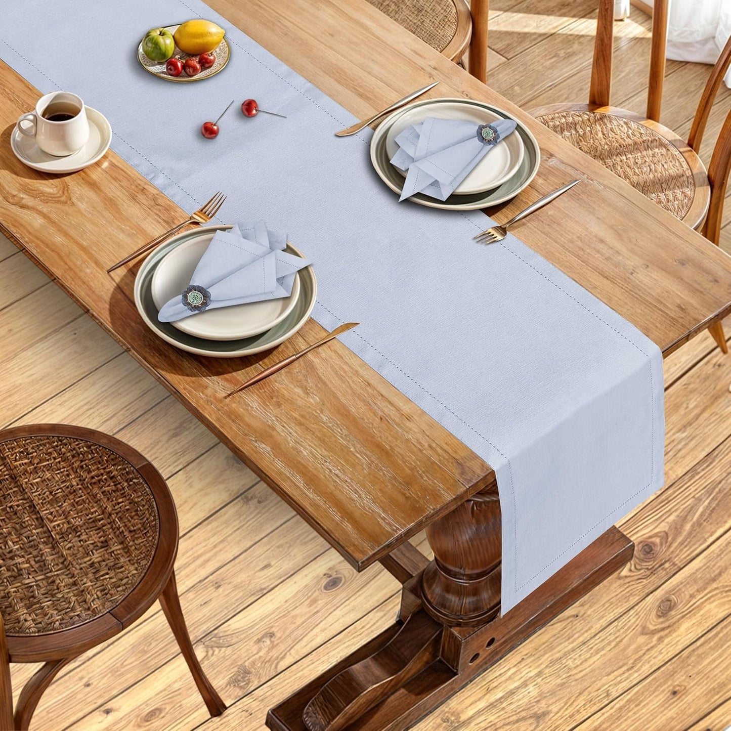 Ruvanti Linen Table Runner 108 Inches, Classic Hemstitch, Washable, Reusable, Non-Slipping, Stain Resistant- Perfect for Parties, Weddings, Dinners, Thanksgiving, Christmas, Indoor use – Arctic Ice