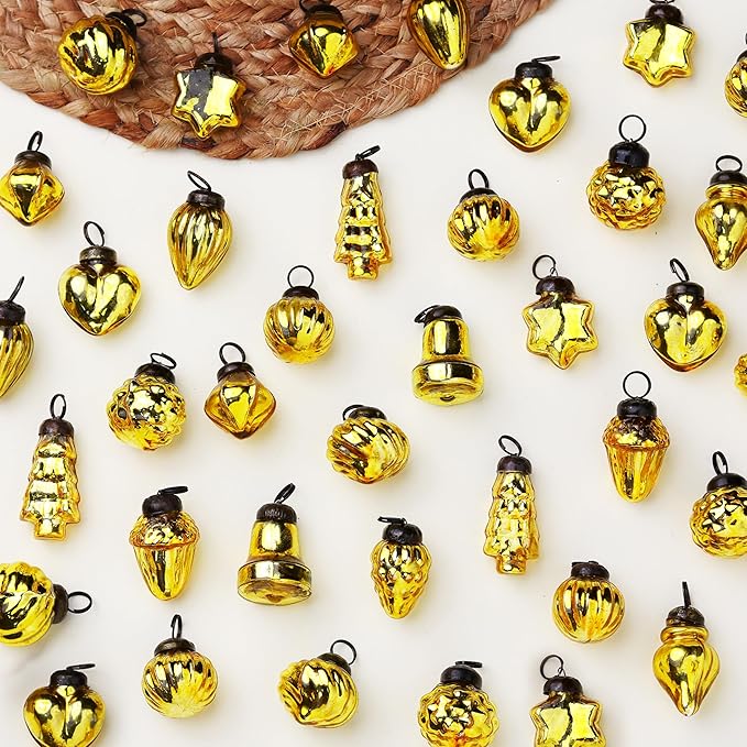 75 Pieces Glass Gold Christmas Ornaments Decorative Mercury Mini Vintage Bulk Hanging Ornaments for Halloween, Christmas Tree, New Year, Valentine Day, Holidays, Event and Wedding Party Decor