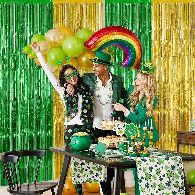 KatchOn, Green and Gold Foil Fringe Curtains - 6.5x6.5 Feet | St Patricks Day Backdrop for St Patricks Day Decorations