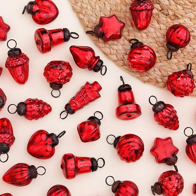 75 Pieces Glass Red Christmas Ornaments Decorative Mercury Mini Vintage Bulk Hanging Ornaments for Halloween, Christmas Tree, New Year, Valentine Day, Holidays, Event and Wedding Party Decor