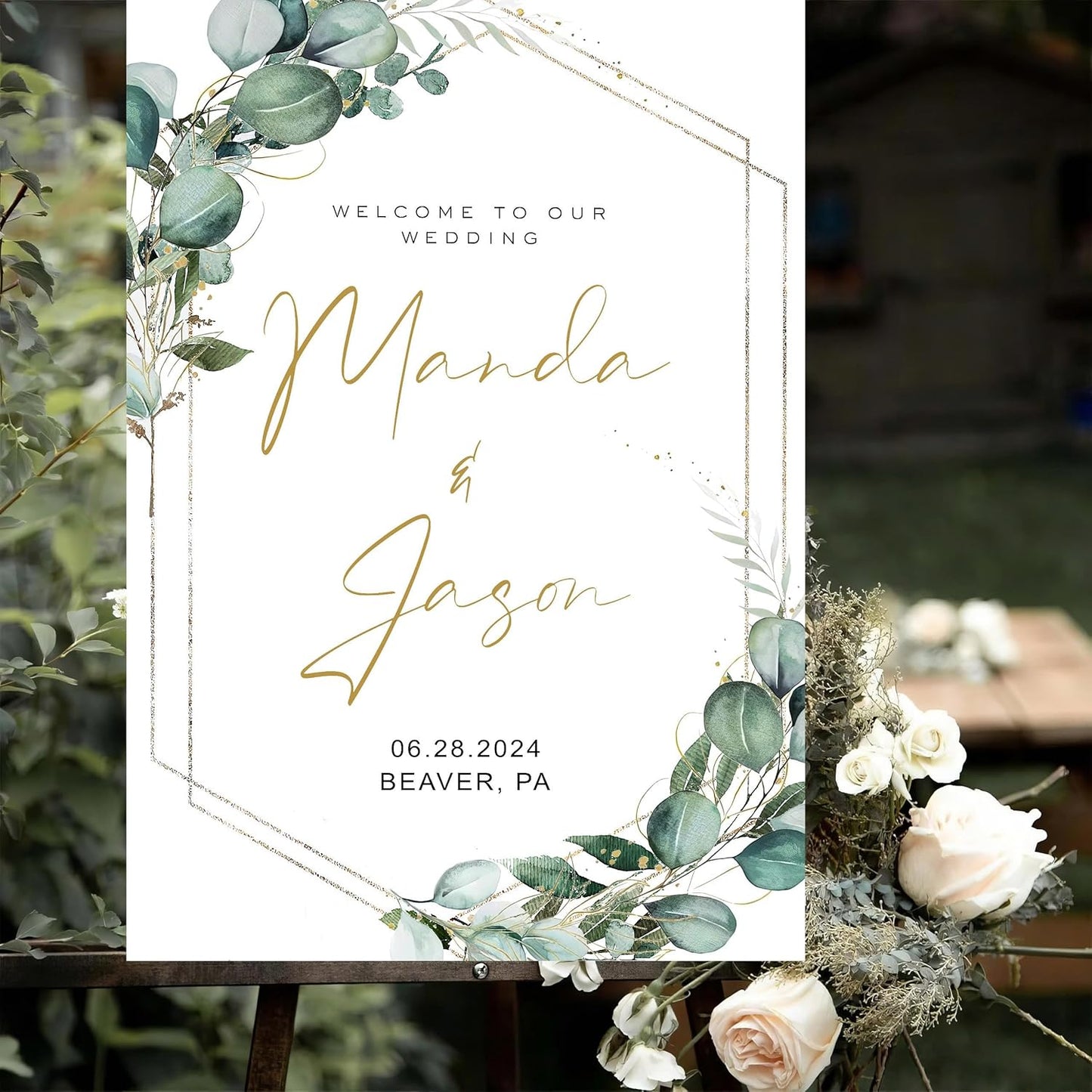 Generic Greenery Wedding Welcome Sign, 18x27 inches, Plastic, Modern Geometric