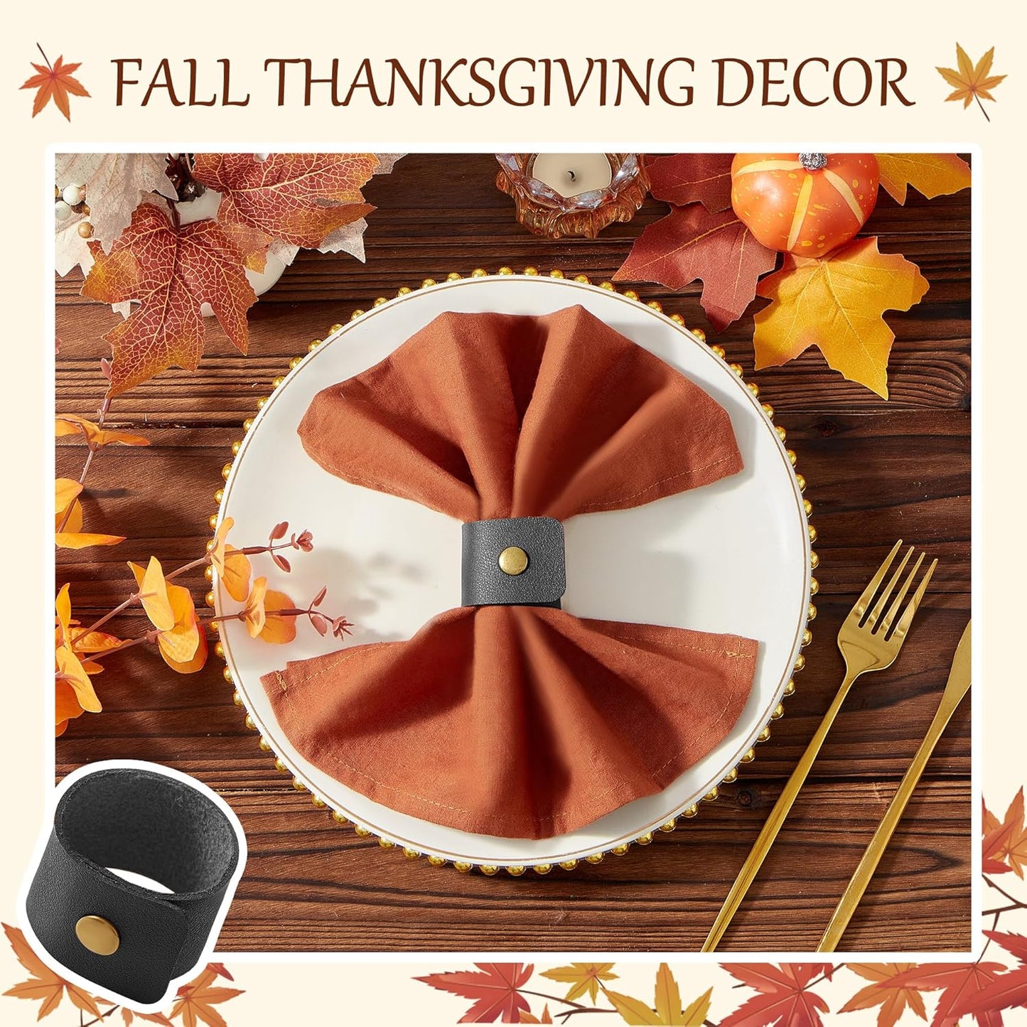 APTWOW Leather Napkin Rings Set of 12 - Fall Thanksgiving Napkin Holder, Black Halloween Vintage Farmhouse Napkin Rings Bulk for Wedding Party Birthday Banquet Table Decor and Daily Use