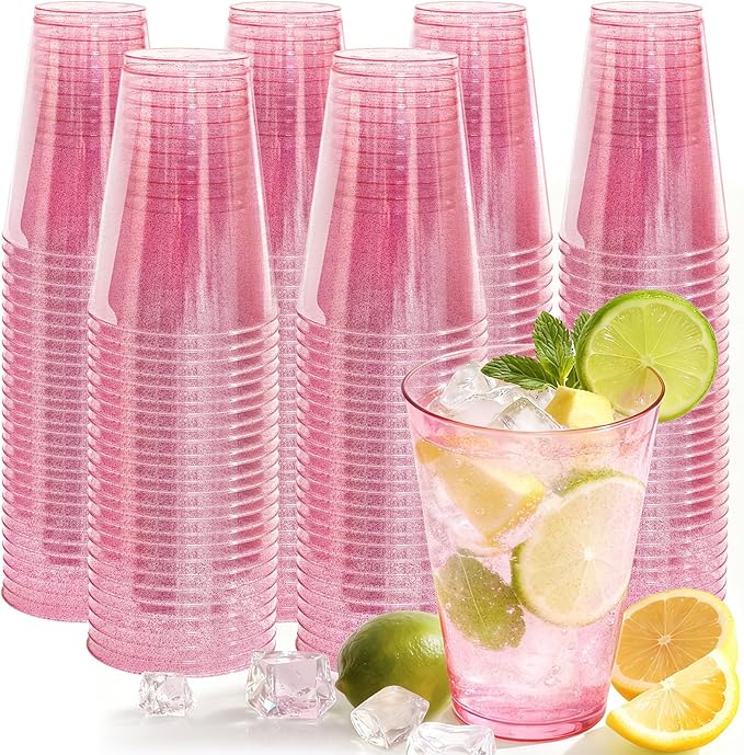 200 Pack Plastic Cups Disposable 12 oz Pink Glitter Party Cups for Cocktail Fancy Clear Plastic Cup, Drinking Cups for Birthdays, Weddings, Christmas,Graduation,Thanksgiving