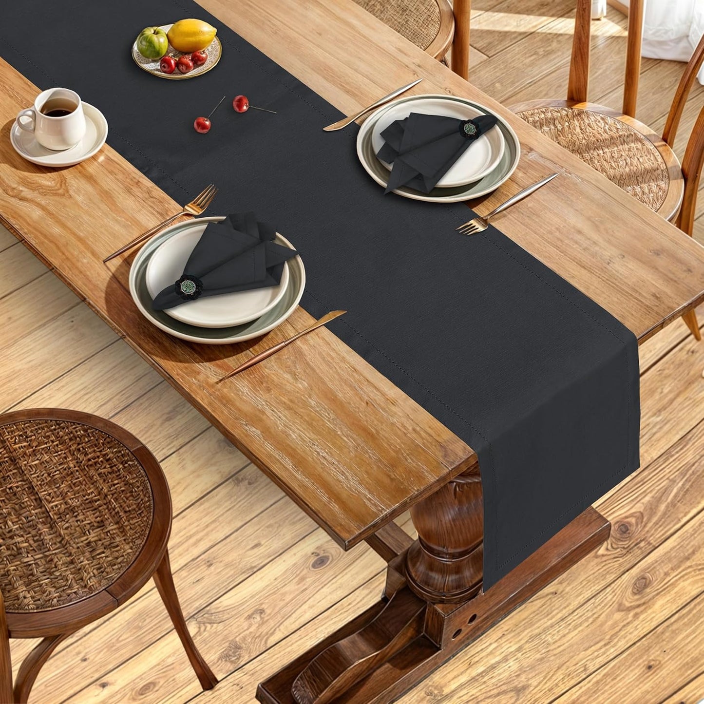 Ruvanti Linen Table Runner 108 Inches, Classic Hemstitch, Washable, Reusable, Non-Slipping, Stain Resistant- Perfect for Parties, Weddings, Dinners, Thanksgiving, Christmas, Indoor use – Black