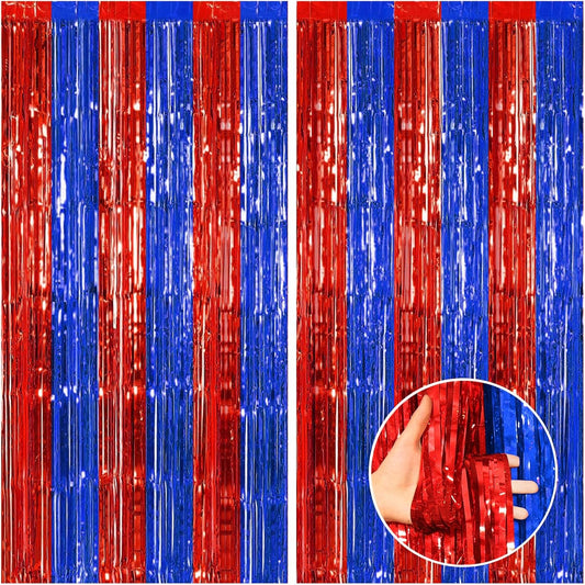 CANREVEL 2 Pack 3.3x8.2 Feet Blue and Red Foil Fringe Backdrop Curtains, Tinsel Streamers Birthday Party Decorations, Fringe Backdrop for Graduation, Carnival, Circus Theme Party