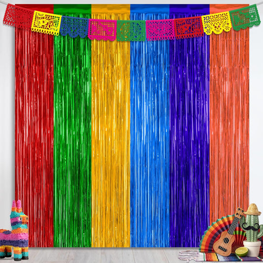 2 Pack Cinco De Mayo Decorations, 3.28 FT x 7.05 FT Fiesta Rainbow Backdrop, Mexican Style Fringe Curtains Tinsel Backdrop Party Streamer, Metallic Taco Party Decorations Mexican Decor