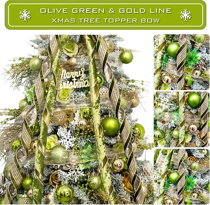 Christmas Tree Topper Bow，53 x 13 Inches Velvet Large Christmas Bow Decor with Long Glittering Streamer Line，Xmas Decorations for Tree Wreath Door Festival Home(Olive Green & Gold Line)