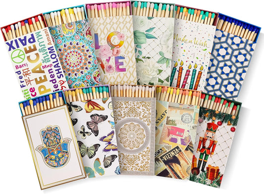 Decorative Matches Box -4-Inch Long Matches for Candles with Strike - Wooden Colorful Candle Sticks with Rainbow Tips - 50 Pc Match Sticks - Matchbox Designs of Your Choice (4 Unique Box Designs)