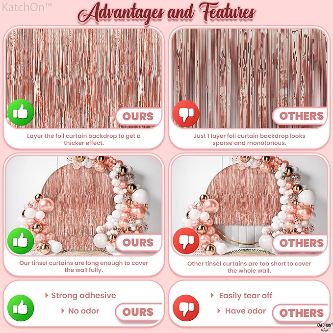KatchOn, Rose Gold Fringe Curtain - XtraLarge 3.2x8 Feet, Pack of 2 | Rosegold Backdrop for Anniversary, Wedding, Bachelorette Party Decorations | Fringe Backdrop for Valentines Day Decorations