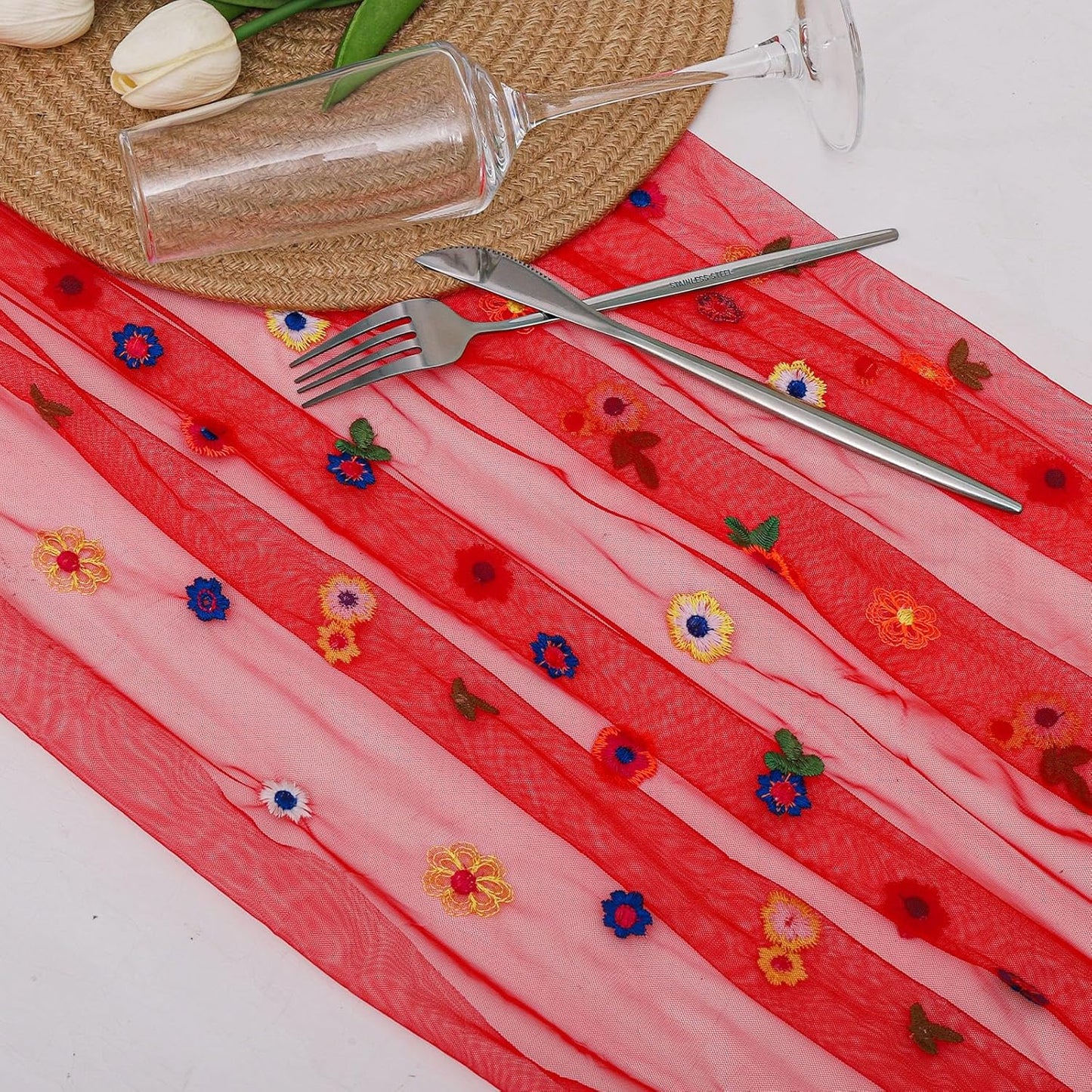BINBE 6pcs Daisy Fall Table Runner Embroidery Gauze 10FT Florals Seasonal Tulle Holiday Birthday Kitchen Dining Table Decor for Home Party Red