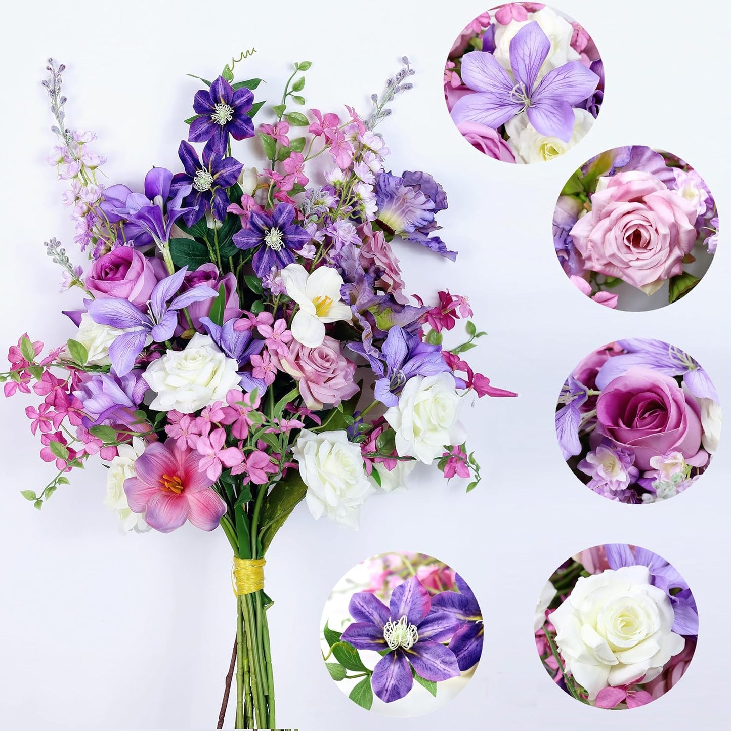 Artificial Flowers Bouquets for Bridal Wedding Home Decor Fake Floral Arrangements for Party Table Centerpieces DIY Silk Flower Set Spring Summer Indoor Outdoor (Combo Purple/White)