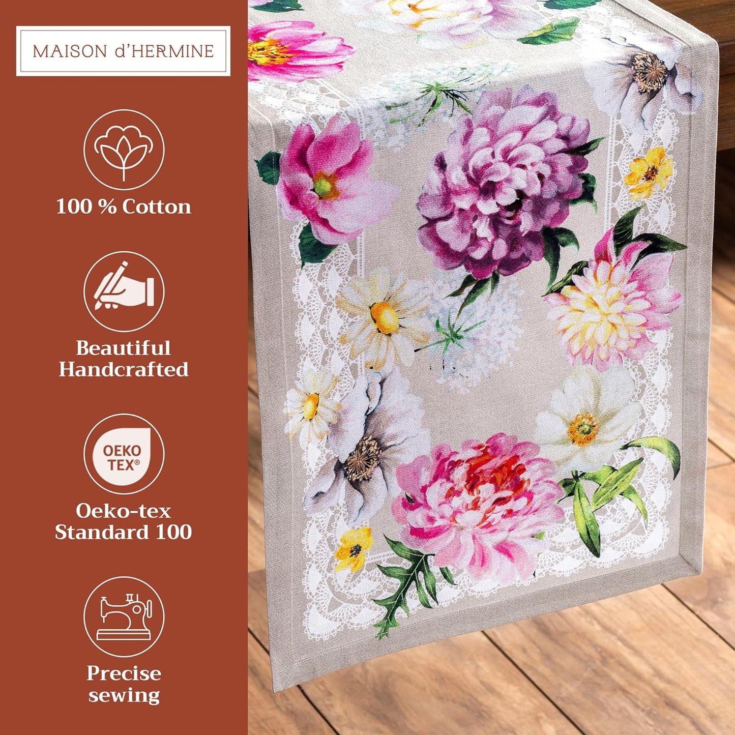 Maison d' Hermine Table Runner 100% Cotton Single Layer Table Runners 108 inches Long Decorative for Home Kitchen Dining Party Baby Shower Wedding Bridal Shower Spring Summer (Pivoine, 14.50" x 108")