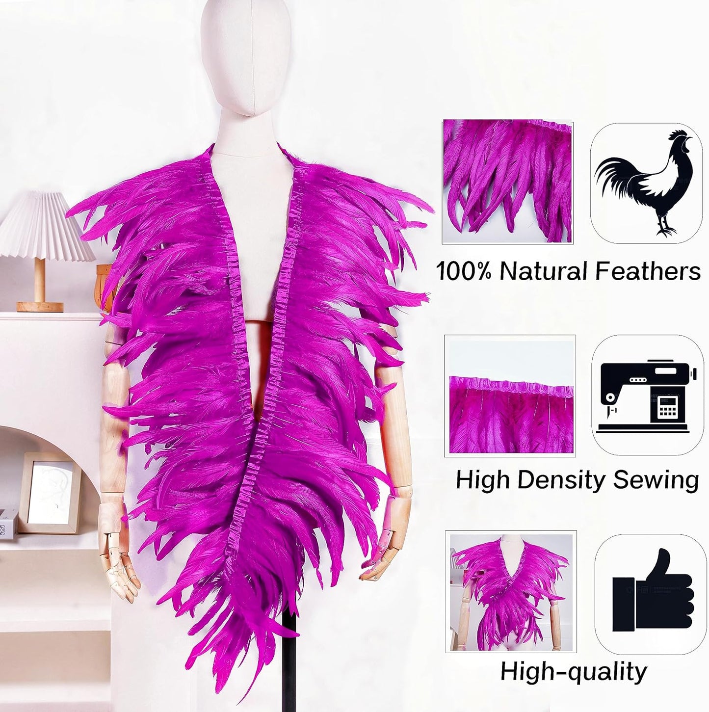 Holmgren Hot Pink Rooster Feather Trim - 10-12inch 2 Yards Natural Rooster Tail Feathers Fringe Trim for DIY Sewing Crafts, Feather Cape Shawl, Headdress, Party Cosplay Costumes Decoration (Hot Pink)