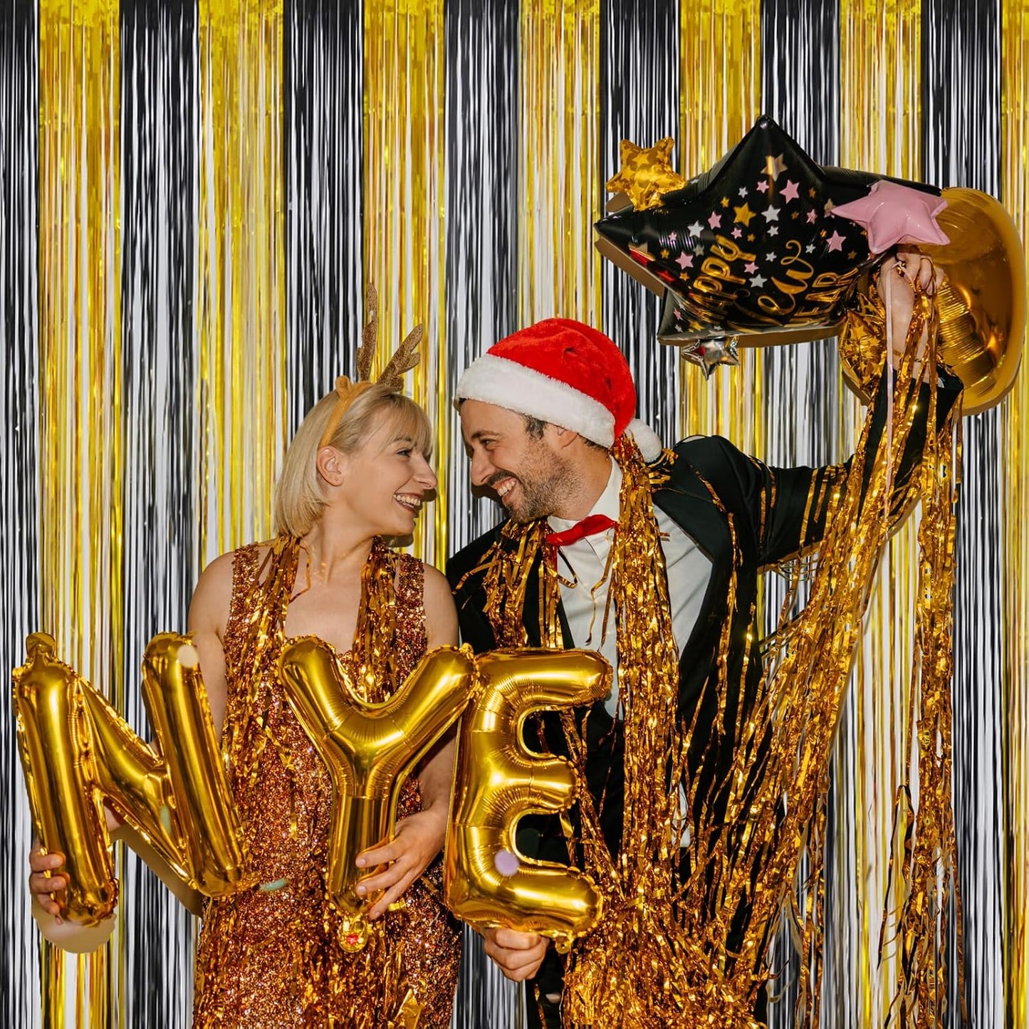 Melsan Foil Curtain Tinsel Backdrop - 3.2ft X 8ft Black and Gold Fringe Curtain Photo Streamers Backdrop for Halloween, Graduation, New Year EVE, Retirement Party Decorations - Pack of 2