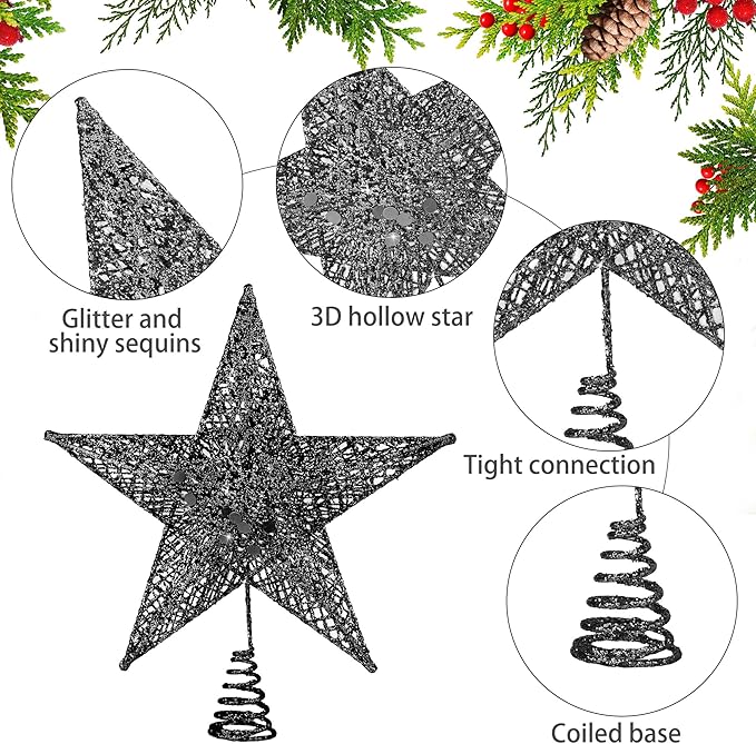 Fovths Christmas Tree Topper 6 Inches Metal Glittered Christmas Tree Topper Wire Star Treetop Sparkle Xmas Decoration for Christmas Tree Ornament Indoor New Year Holiday Party Supplies (Black)