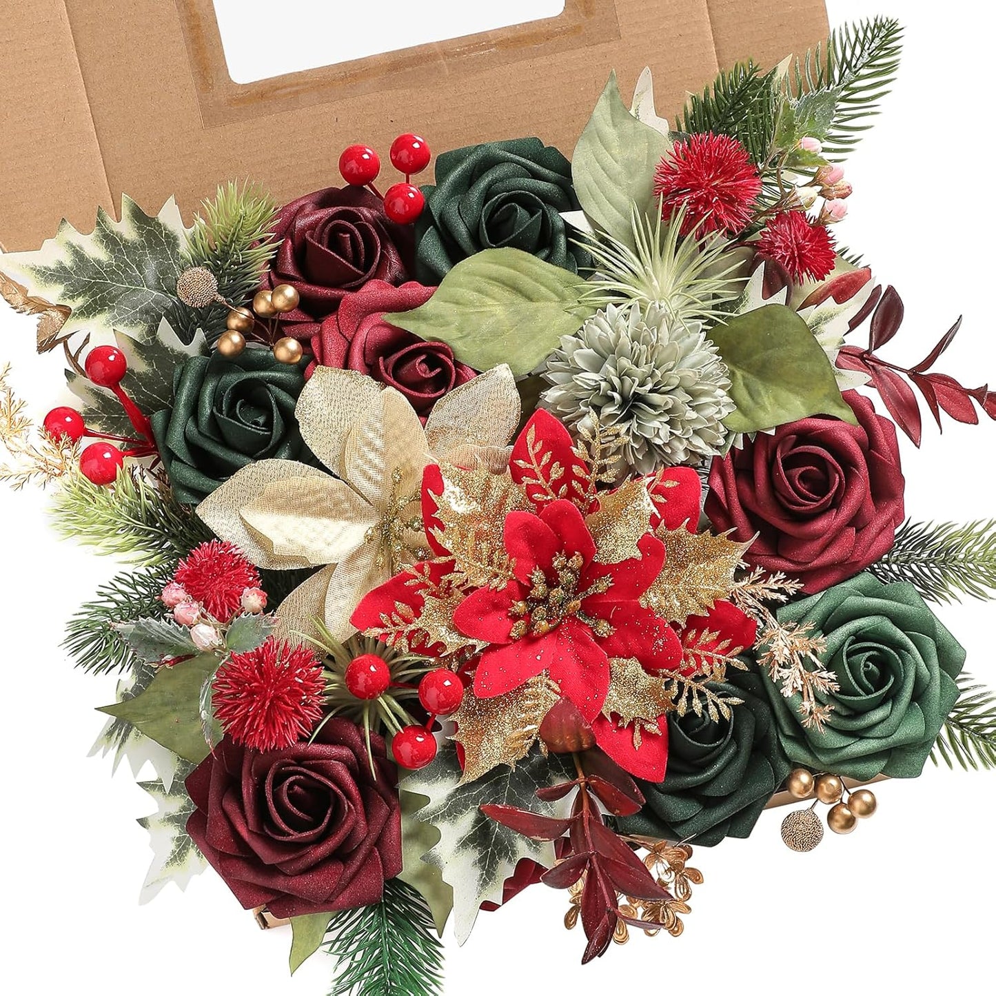 Serra Flora Artificial Christmas Flowers Greenery Combo Box Set Faux Flowers Bulk Flower Leaf with Stems for DIY Tree Ornaments Xmas Wreath Floral Arrangements Centerpieces