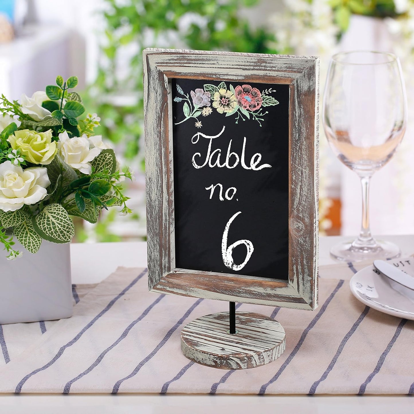 MyGift Set of 3 Tabletop Chalkboard Sign with Torched Wood Frame and Round Base, Decorative Wedding Table Place Card Signage, Rustic Small Kitchen Countertop Memo Board