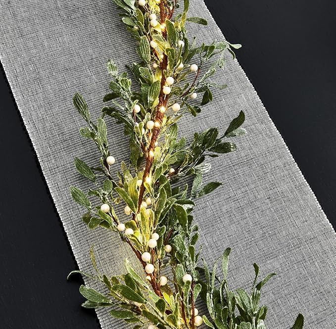 LampLust Lighted Garland Battery Operated, 6 Ft Frosted Mistletoe with Pearl Beads, 100 LED Lights & Timer, Spring Garland for Mantle All Year Round, Farmhouse Dining Table Decor, Spring Table Décor