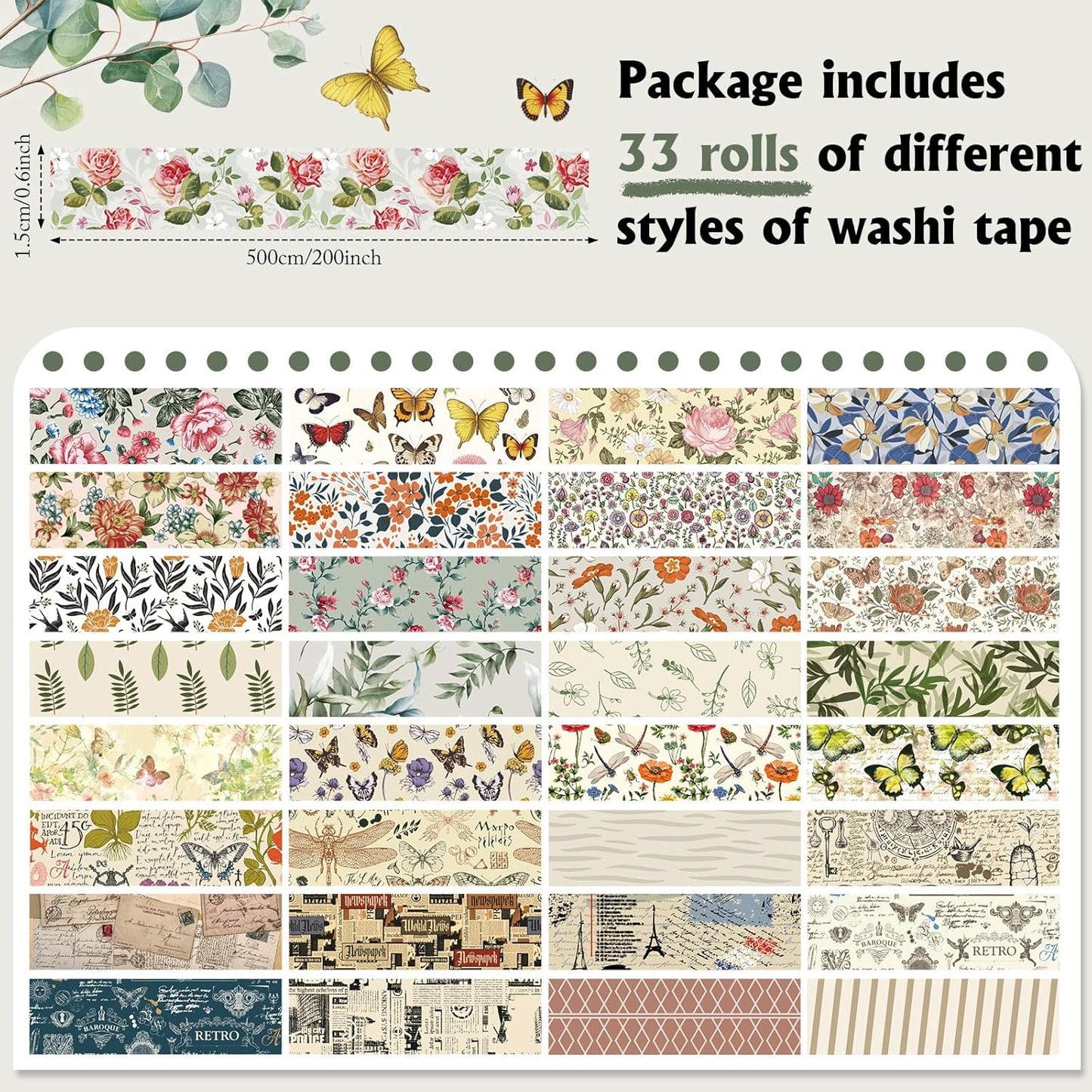 TaoBary 33 Rolls Holiday Plaid Washi Tape, 15 mm Seasonal Washi Tape Set Bohemian Colorful Vintage Cute for Card Wrapping Craft(Vintage Style)