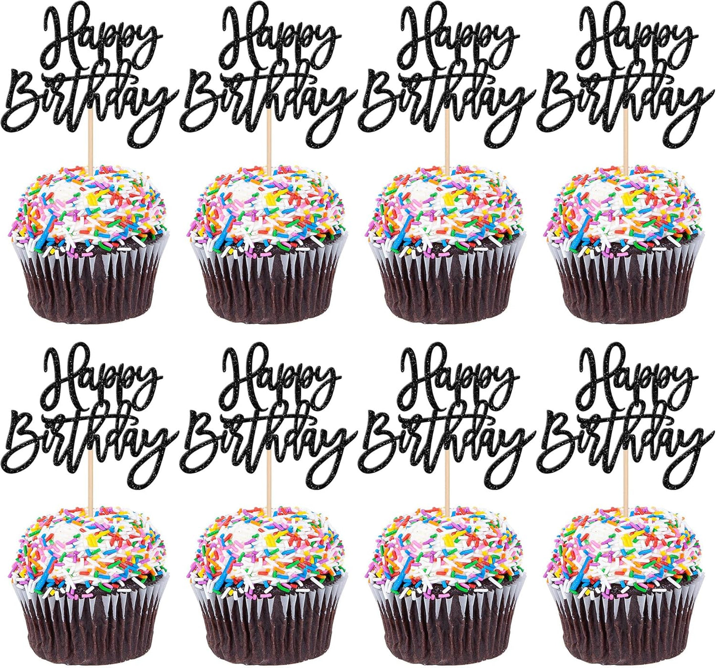 24 PCS Glitter Cupcake Toppers - Happy Birthday & Anniversary Cake Decorations - Black