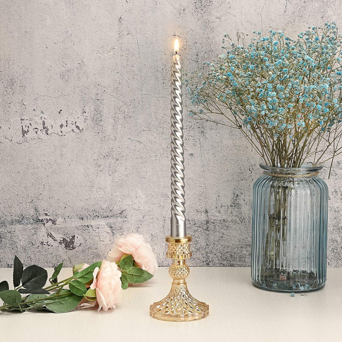 OwnMy Set of 2 Gold Glass Taper Candle Holders Decorative Glass Candlestick Holders, Modern Taper Candle Stands Candlesticks for Dining Table Centerpieces Wedding Church Decor