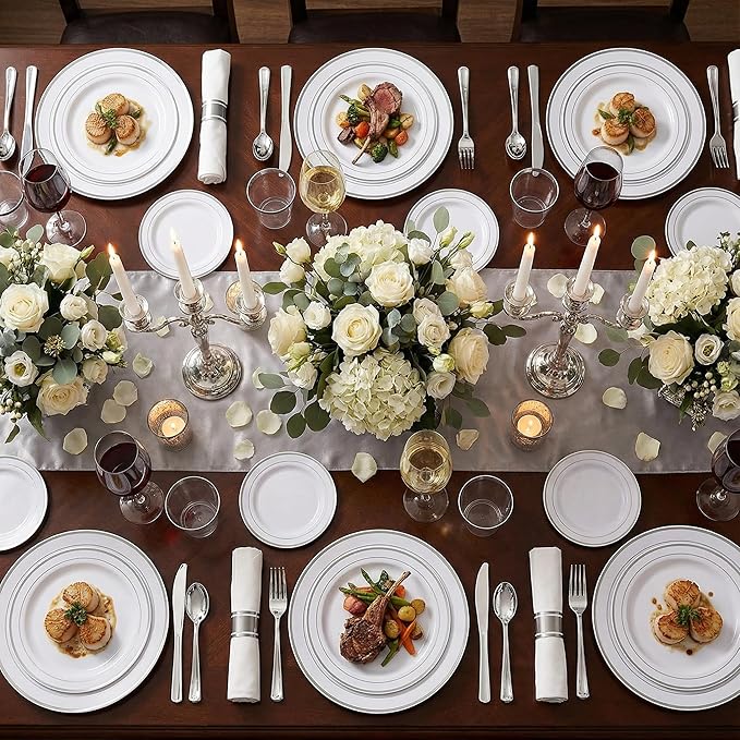 WELLIFE 350Pcs Silver Plastic Plates for 50 Guests - Disposable Dinnerware Set, Christmas Party Supplies Includes 100 Silver plates,150 Silverware,50 Napkins,50 Cups,Christmas Plates Disposable