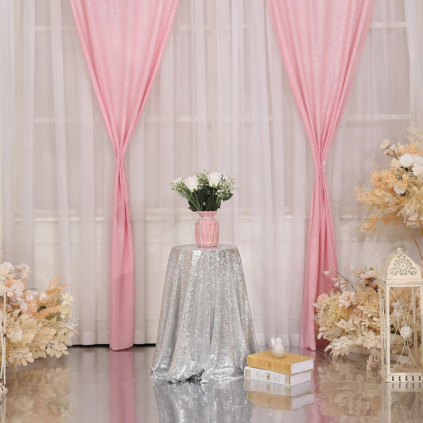 Pink Sequin Backdrop Curtains,2 Panels 2ft x 8ft Sequin Photography Backdrop Curtain for Wedding Party Xmas Decoration, Pink
