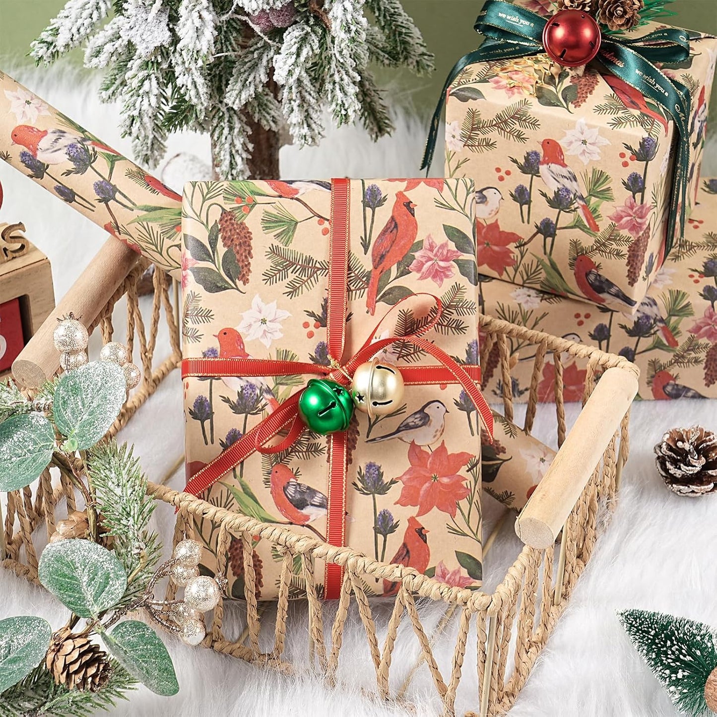 RUSPEPA Kraft Christmas Wrapping Paper Roll, Mini Roll, Watercolor Bird and Botanical Design with Flowers & Pinecones, Kraft Gift Wrap for Women, Friends, Holiday, Winter Party, 17 Inches x 16.4 Feet