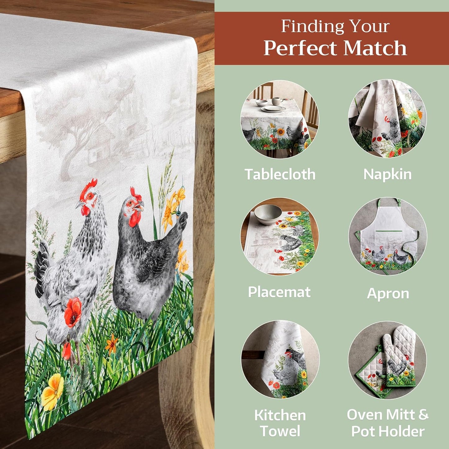 Maison d' Hermine Table runner 100% Cotton Single Layer Table Runners 72 inches long Decorative for Home Kitchen Dining Party Baby Shower Wedding Bridal Shower Spring Summer (Basse Cour, 14.50" x 72")