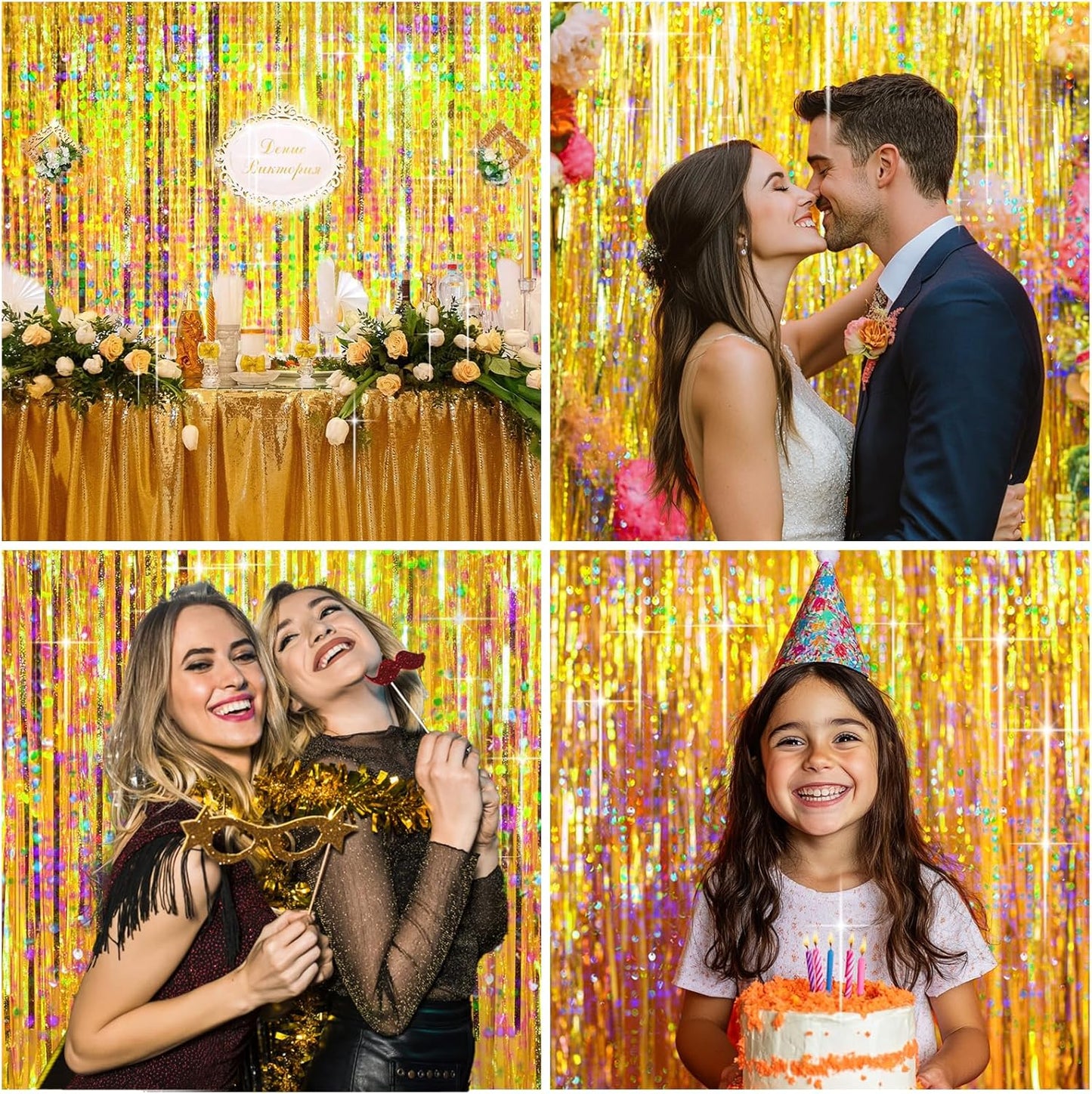 4 Packs Gold Foil Fringe Curtain, Gold Glitter Metallic Tinsel Backdrop for Birthday, Wedding, Baby Shower, Bachelorette, Graduation, Christmas, New Years Eve Party Decorations Supplies