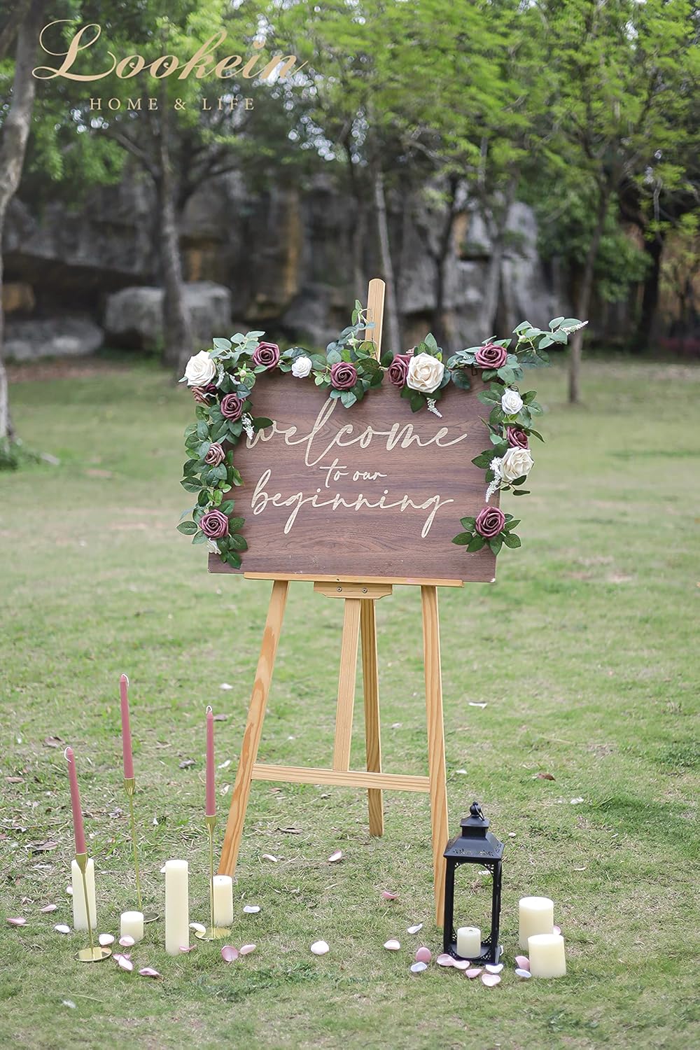 Lookein Artificial Rose Flower Garland Greenery Garland 5FT for Wedding Ceremony Backdrop Arch Flowers Table Centerpieces Decorations, Cream Plum