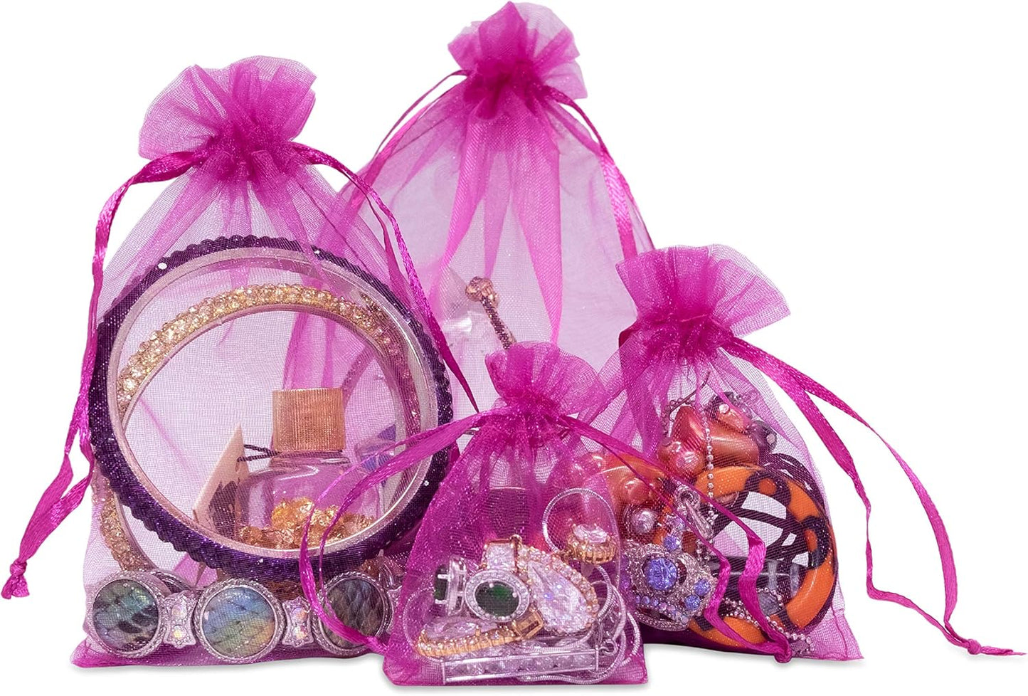 TheDisplayGuys 100-Pack 4x6 Hot Pink Sheer Organza Gift Bags with Drawstring, Goodie Bags for Jewelry, Candy Bags, Treat Bags, Wedding Favors Small Mesh Bags