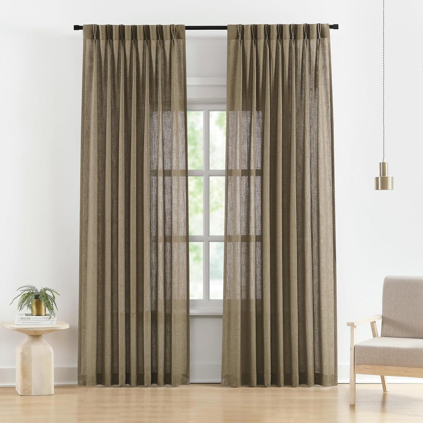 Vision Home Brown Pinch Pleated Semi Sheer Curtains Textured Linen Blended Light Filtering Window Curtains 90 inch for Living Room Bedroom Pinch Pleat Drapes with Hooks 2 Panels 40" Wx90 L