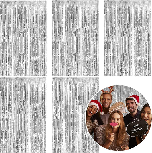 5 Pack Foil Curtain Backdrop Silver Metallic Tinsel Foil Fringe Curtains Photo Booth Props for Birthday Wedding Engagement Baby Shower Bachelorette Christmas Holiday Celebration Party Decorations