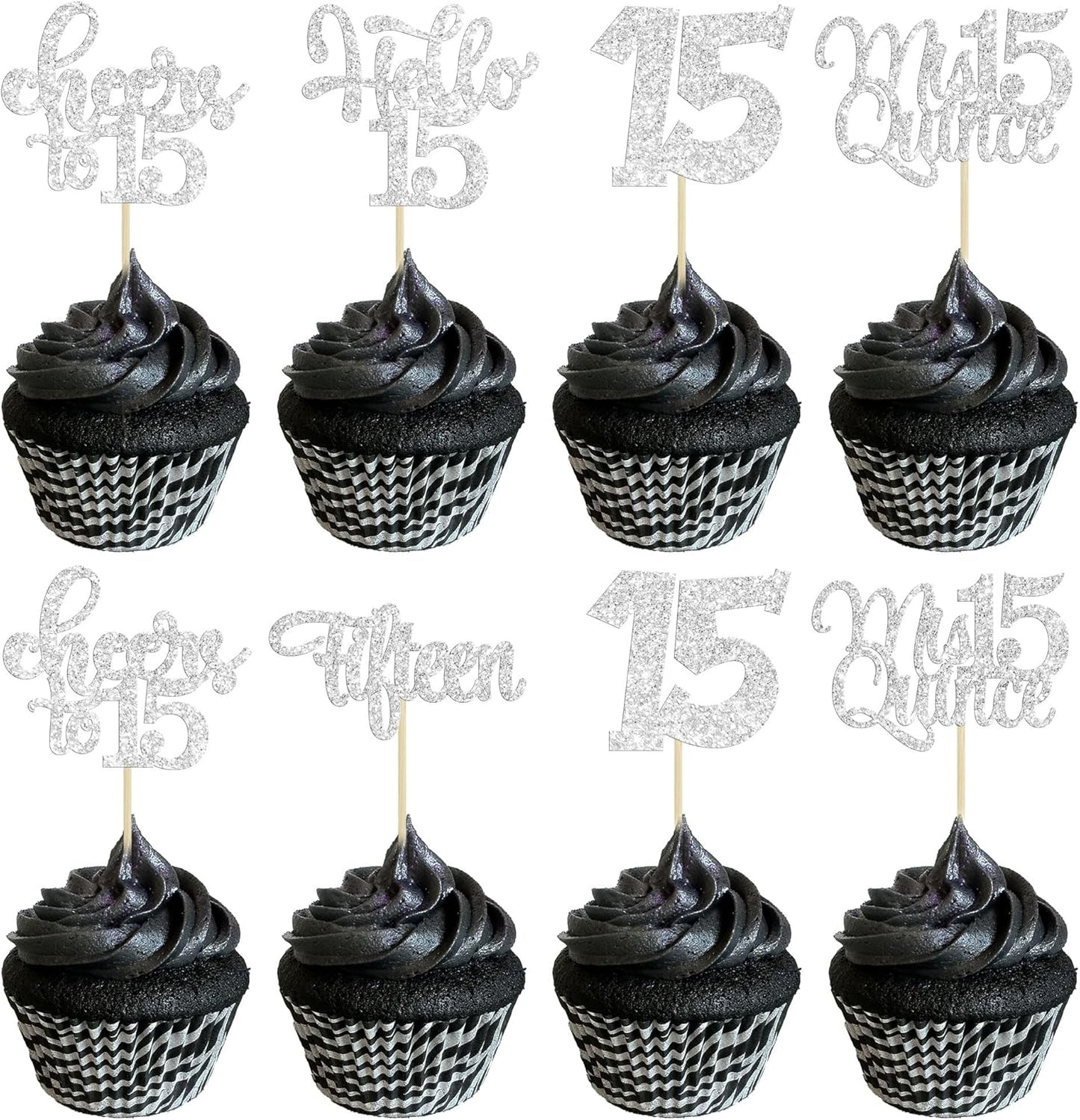 30Pcs 15th Birthday Cupcake Toppers Fifteen Cupcake Picks Cheers to 15 Years Old Mis Quince 15 Cake Decorations for 15th Birthday Anniversary Party Silver Glitter