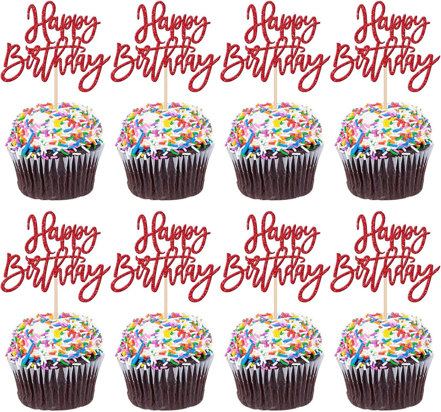 24 PCS Glitter Cupcake Toppers - Happy Birthday & Anniversary Picks - Red