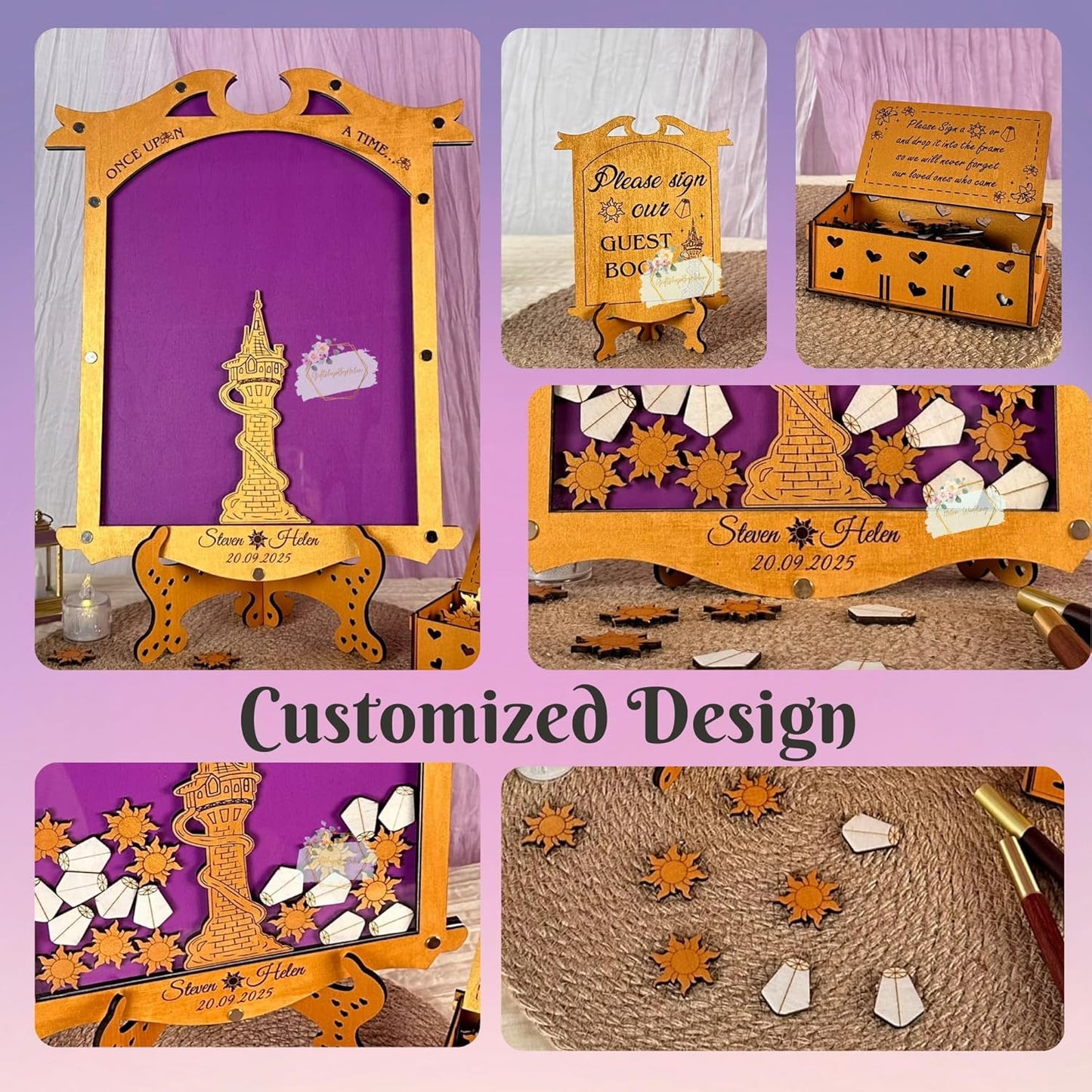 Tangled Guest Book Wedding Alternative | Gold Princess Tower Guestbook | Personalized Wooden Drop Box Keepsake for Fairytale Weddings