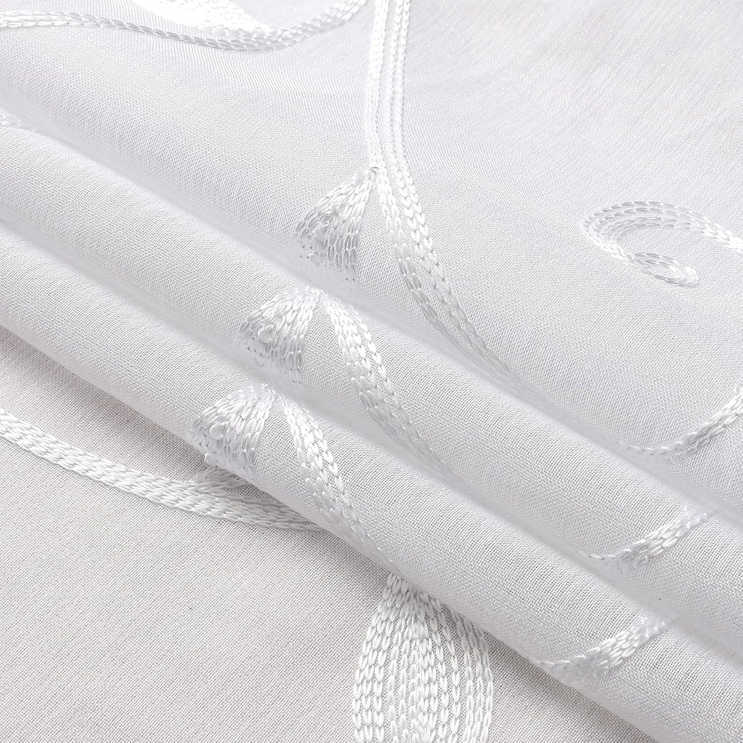 VISIONTEX White Sheer Voile Curtains, Decorative Leaves Embroidery Faux Linen Rod Pocket Window Drapes for Home Kitchen, Living Room and Bedroom 26 x 36 Inch, Set of 2 Curtain Panels