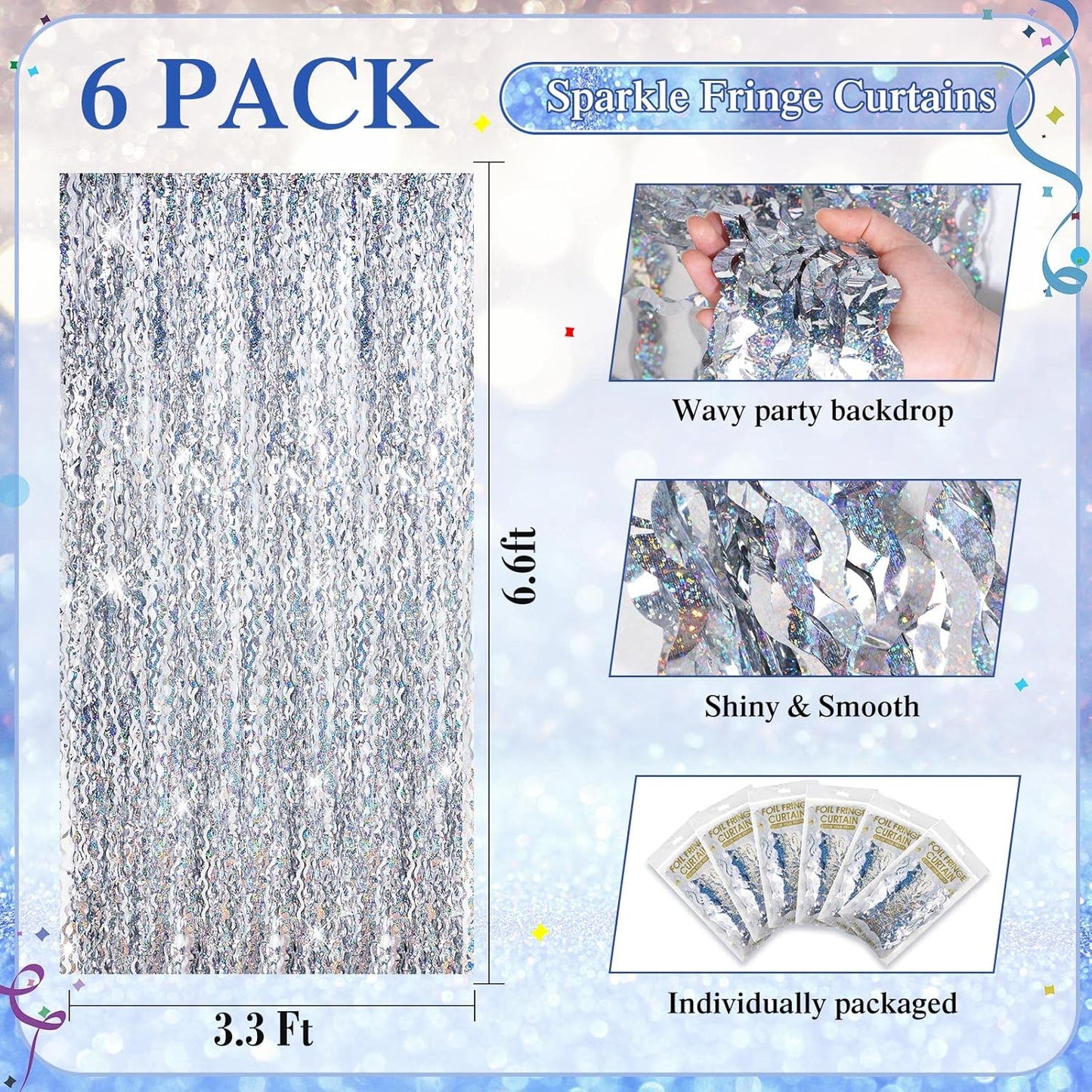 Jutom 6 Pieces 3.3 x 6.6 ft Wavy Tinsel Foil Fringe Curtains Foil Fringe Streamer Backdrop Party Curtain for Sea Mermaid Baby Shower Birthday Party Decoration(Silver)