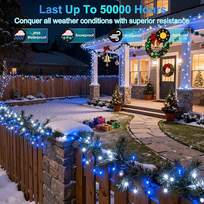 350LED Christmas Lights Indoor Outdoor, 90ft 12 Modes Blue and Cool White LED String Lights with Timer Dimmable, Waterproof Tree Lights for Xmas Patio Yard Fence Wedding Bedroom Garden Decor