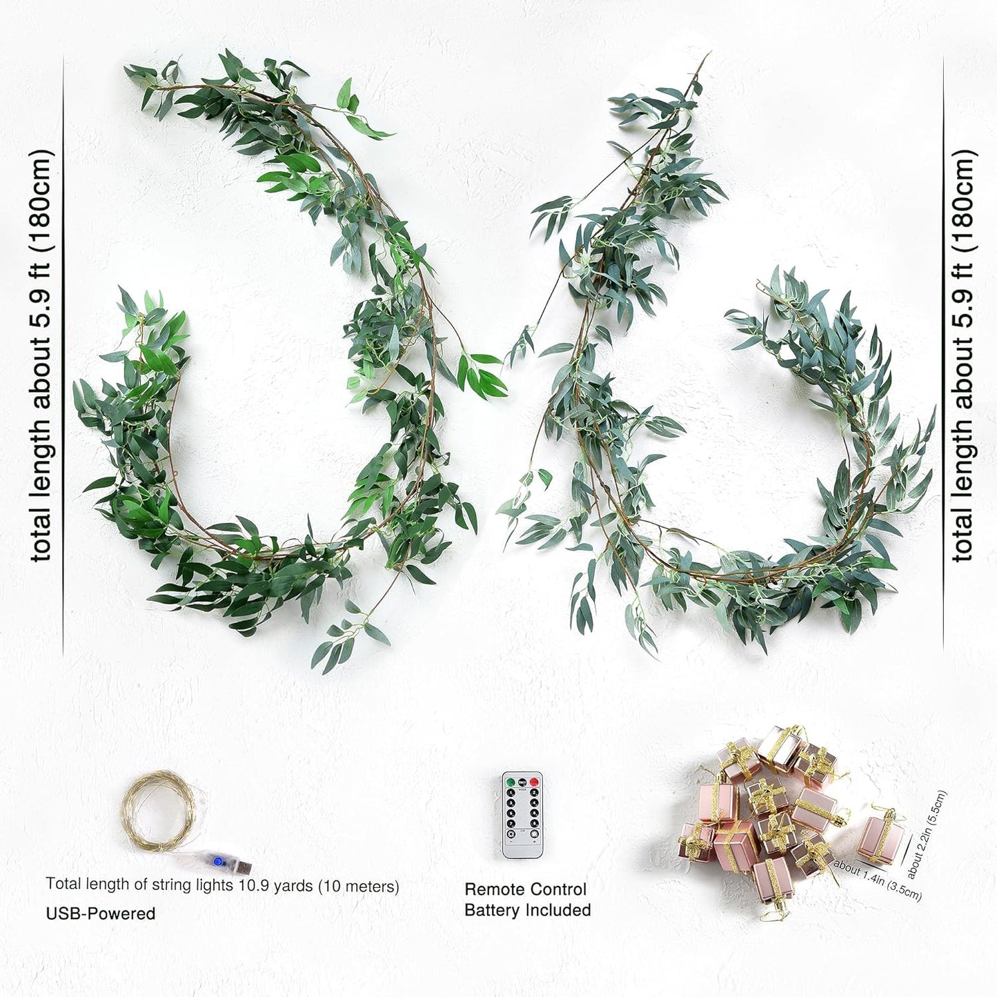 Artificial Willow Garland with USB Fairy String Lights & Pink Gift Box Ornaments – 2-Pack Lighted Greenery Vine, with Remote for Mantels, Weddings, Fireplace, Holidays, Parties & Everyday Home Decor