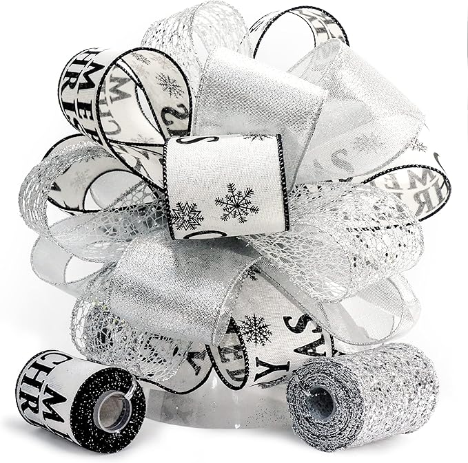 CT CRAFT LLC Silver with Black Christmas Christmas Tree Topper Bow 11" with 4 Ribbon Streamers x 3 Yards Long Each for Holidy Elegant Fancy Home Décor Indoor