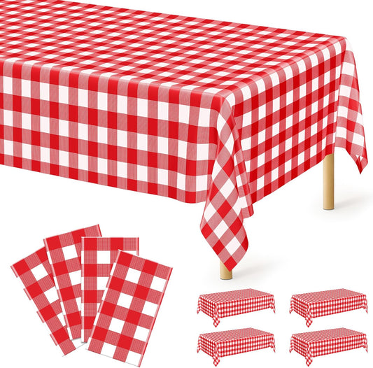 4Pack Plastic Table Cloth Ddisposable, 54" x 108" Table Cloth Rectangle Table, Waterproof Red and White Checkered Tablecloth, Outdoor Picnic Table Cover for Birthday Party Gathering Holiday Dinner