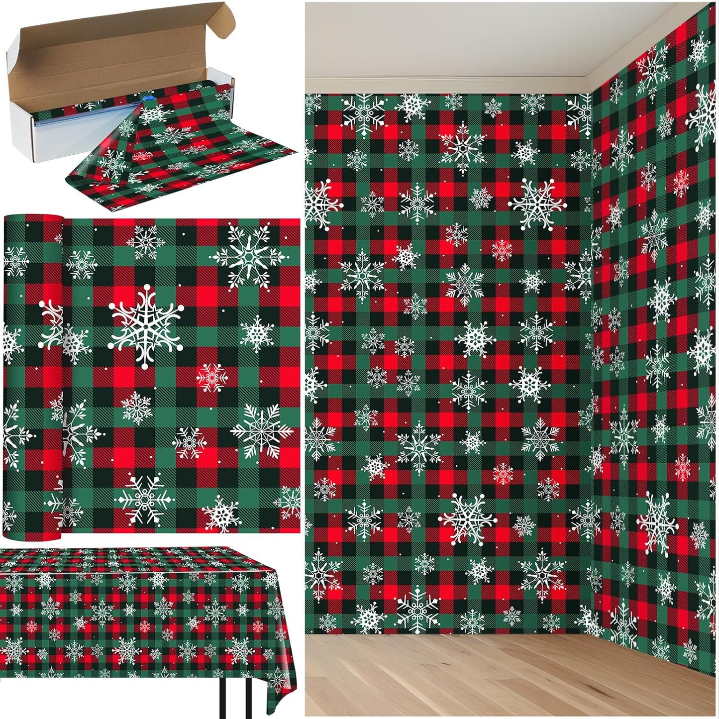 4.5x 100 Ft Roll of Christmas Buffalo Plaid Plastic Tablecloth Decorations,Disposable Red Green Snowflake Table Cover Photography Backdrop with Cutter Box for Christmas Holiday New Year Party Supplies