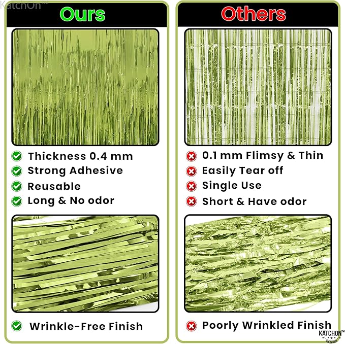 KatchOn, XtraLarge Sage Green Foil Fringe Curtain - 3.2x8 Ft, Pack of 2 | Sage Green Backdrop for Wild One Birthday Decorations | Streamer Backdrops for Jungle, Safari, Dinosaur Party Decorations