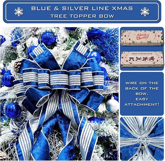 Christmas Tree Topper Bow，53 x 13 Inches Velvet Large Christmas Bow Decor with Long Glittering Streamer Line，Xmas Decorations for Tree Wreath Door Festival Home(Blue & Silver Line)