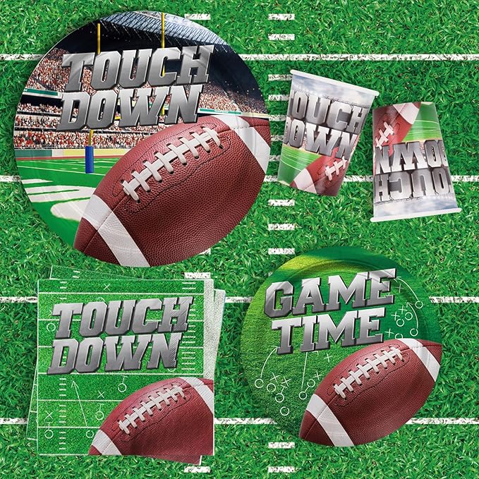 Football Party Supplies Kit Serve 25, Includes Disposable Dinner Plates, Dessert Plates, Napkins, Cups,and Football Tablecloth, Football Birthday Party Tailgate Party Decorations