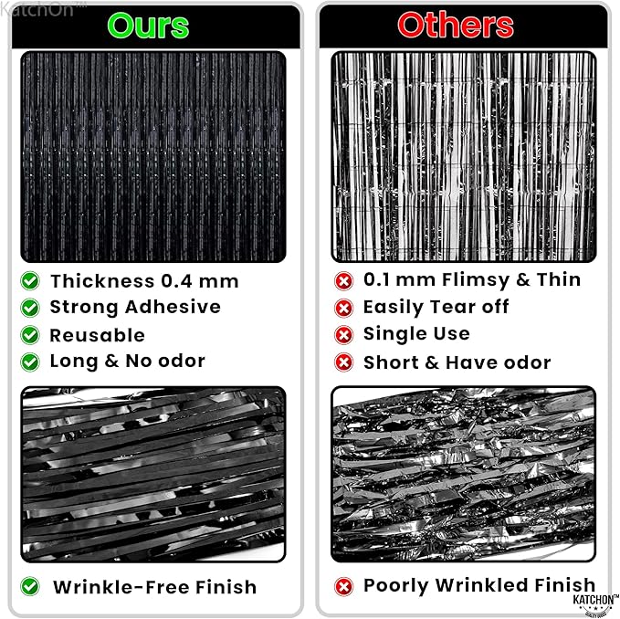 KatchOn XtraLarge Black Streamers - 3.2x8 Feet, Pack of 2 | Fringe Backdrop for Black Party Decorations | Tinsel Backdrop for Birthday, Bachelorette, Anniversary | Black streamers party decorations