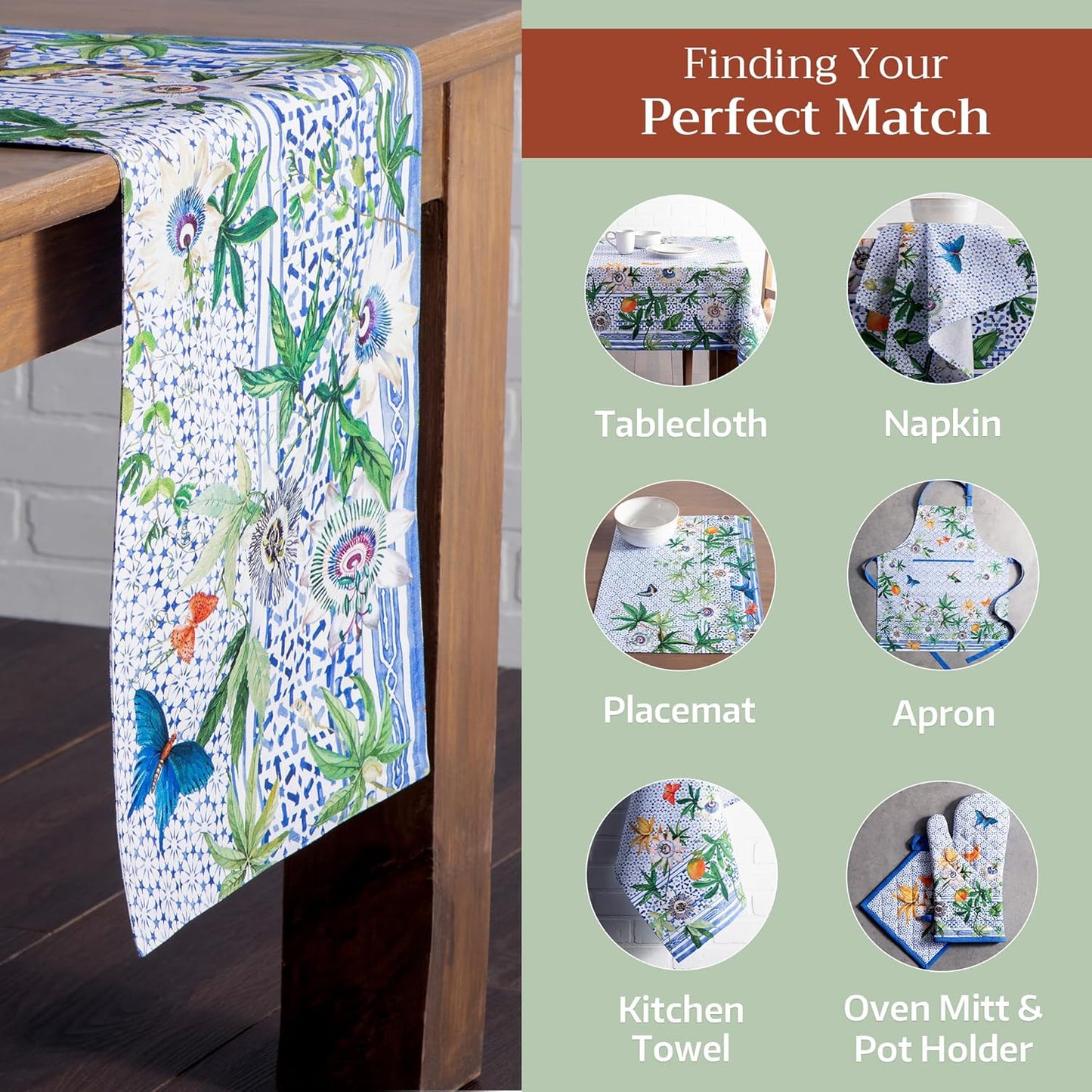 Maison d' Hermine Table Runner 100% Cotton Double Layer Table Runners 108 inches Long Decorative for Home Kitchen Dining Party Wedding Bridal Shower Spring Summer (Passiflora, 14.50" x 108")