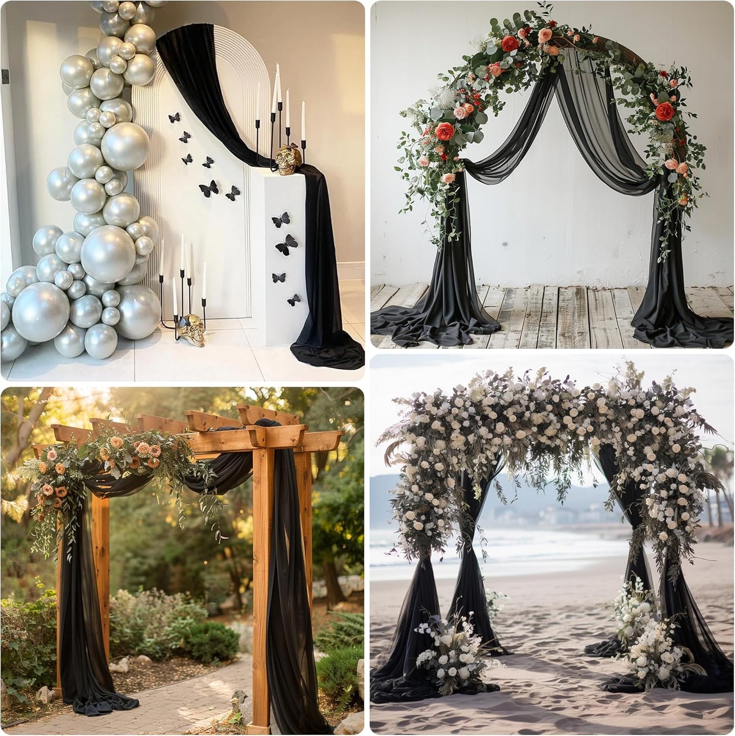 Wedding Arch Draping Fabric 6 Panels 28.7" x 20FT Black Sheer Chiffon Backdrop Drapes for Wedding Ceremony Birthday Party Bridal Shower Outdoor Decoration